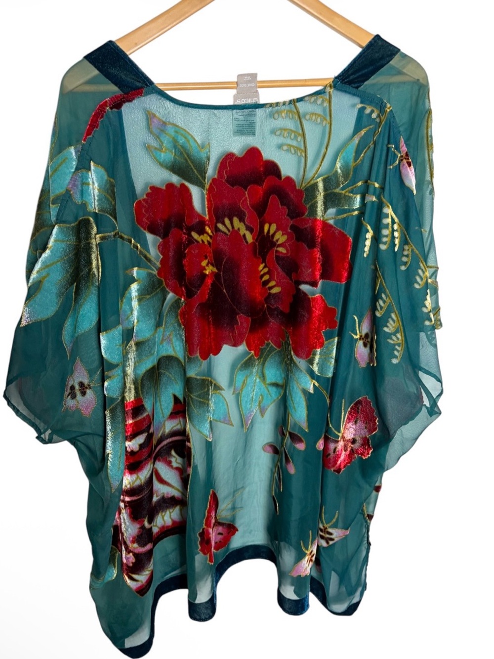 Green & red floral burnout velvet open front short kimono one size